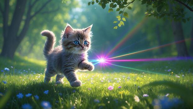 gatito jugando con láser puntero en soleado prado con flores silvestres foto