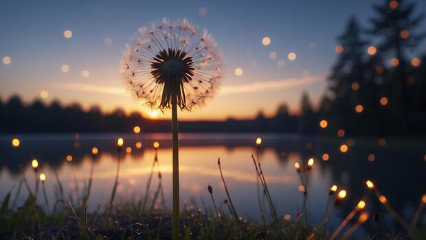 Dandelion Seed Head at Sunset Reflecting Over Calm Lake photo
