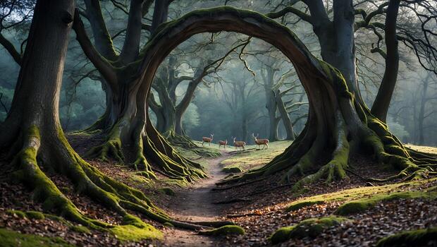 Deer Walking Through Forest Path Framed by Unique Tree Archway photo
