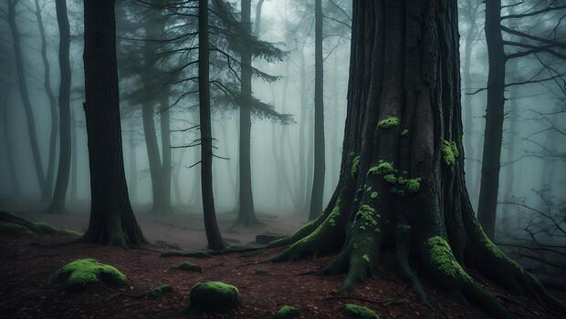 Exploring a Foggy Forest with Towering Trees Covered in Green Moss photo