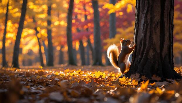 Squirrel Climbing Tree in Autumn Forest with Colorful Leaves photo