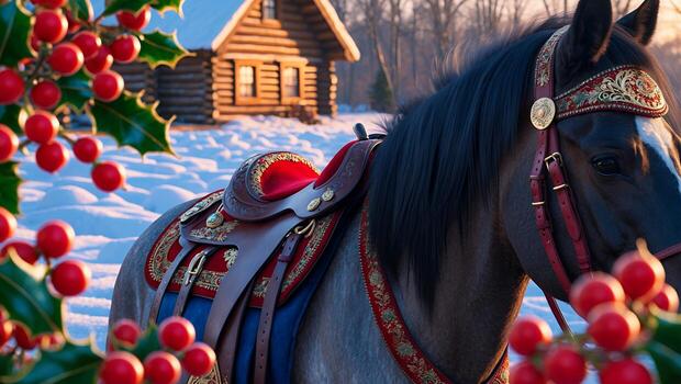 Horse with Saddle in Snowy Landscape and Log Cabin Background photo