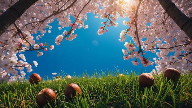 Blooming Cherry Tree Branches Above Fresh Grass and Fallen Fruits photo