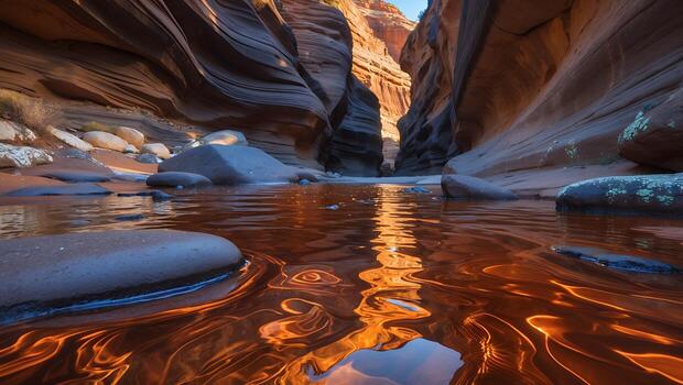 Navigating Wavy Canyon Water Reflections Through Geological Rock Formation photo