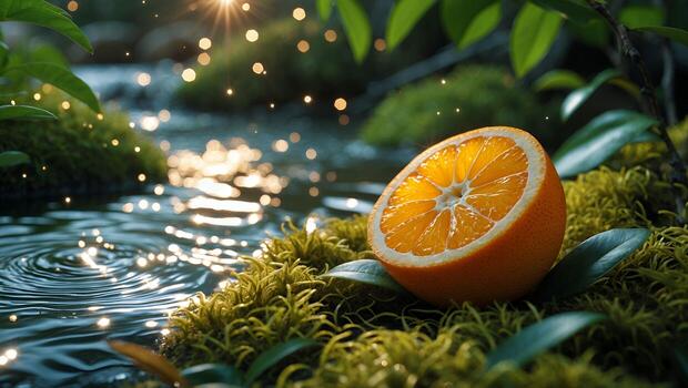 Sliced Orange on Moss with Sparkly Water Ripples and Greenery photo