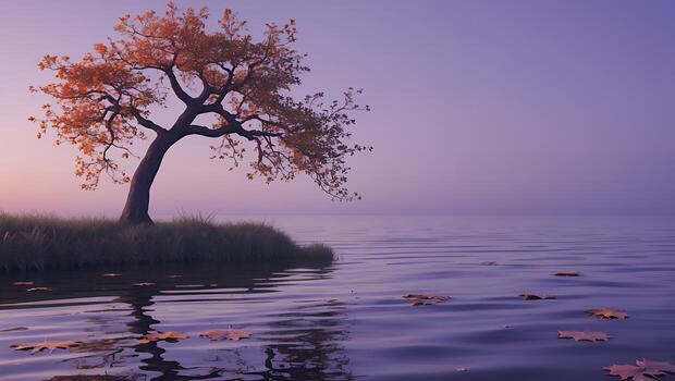 Autumn Tree on Island with Leaves Floating in Water Scenery photo