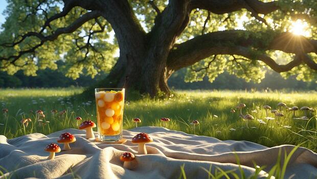 Refreshing Summer Drink on Blanket in Sunny Meadow with Mushrooms photo
