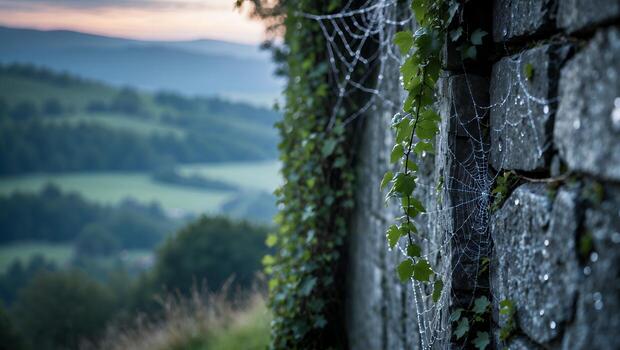 Spiderweb with Dew Drops on Stone Wall and Distant Landscape photo