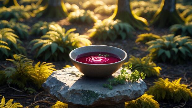 Serving of Red Soup on Stone Slab in Forest Setting photo