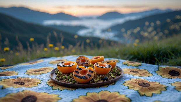 Grilled Apricots on Picnic Blanket with Mountain Sunset Scenery photo