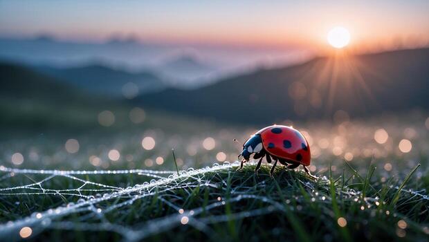 Ladybug Crawling on a Dew Covered Spiderweb in Morning Light photo
