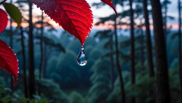 Red Leaf with Water Drop Reflecting Forest at Sunset photo
