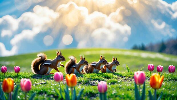 Squirrels Walking Through a Vibrant Field of Tulips Under Bright Sunlight photo