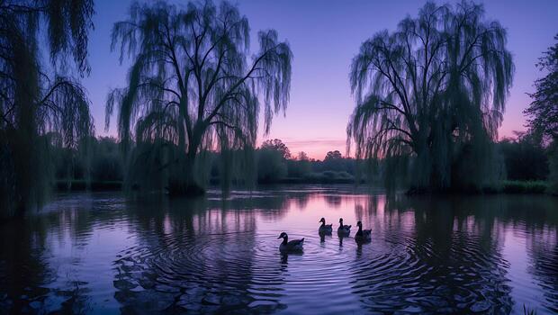 Ducks Swim on Pond Surrounded by Weeping Willows at Twilight photo