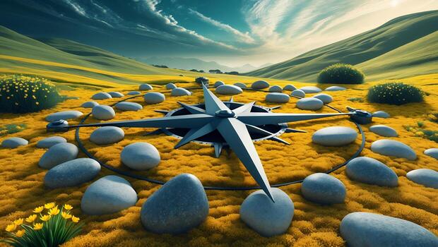 Exploring Field with Unique Compass Sundial and Smooth Gray Stones photo