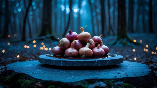 Pile of Onions on Stone Slab in Moody Forest Setting photo