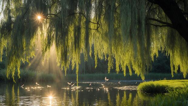 Sunlight Through Weeping Willow Tree Reflected on Pond Water at Dusk photo