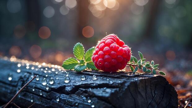 Fresh Raspberry with Leaves and Water Droplets on Wooden Log photo