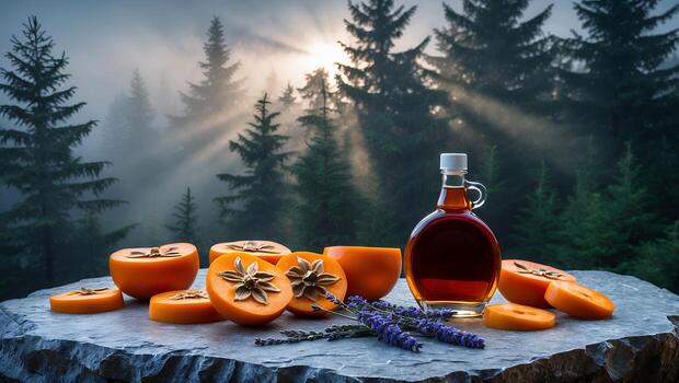 Persimmon Still Life with Syrup and Lavender in Forest Setting photo