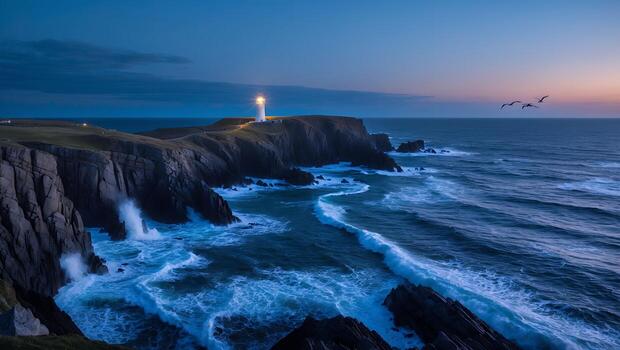 Lighthouse at Dusk Illuminating Rocky Coastline As Waves Crash in photo