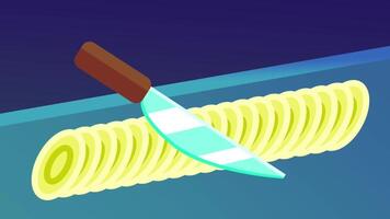 A sharp knife cleanly slicing through a spiral roll, creating a neat curling pattern that emphasizes precision, balance, and simplicity video