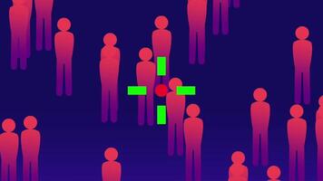 abstrakt mänsklig siffror markerad förbi en lysande grön mål, representerar fokus, övervakning, och Identifiering inom en stiliserade digital värld video
