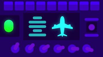 en detaljerad digital instrumentbräda gränssnitt med flygplan ikoner och lysande indikatorer, representerar flyg, övervakning, och Avancerad kontrollera system video