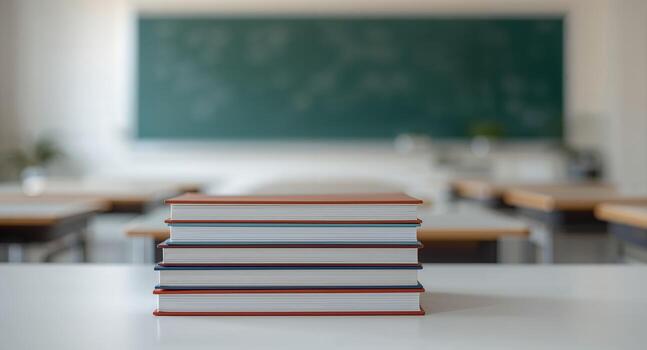 Stack of Books in a Classroom Setting with Blurred Blackboard and Desks in the Background. photo