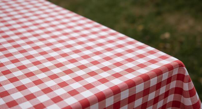 Red and White Checkered Pattern A Cloth Surface with Squares and Blurred Background. photo