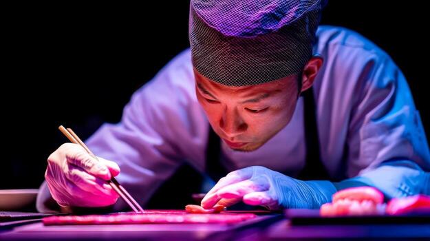 Skilled chef focuses intently while preparing sushi with precision in a vibrant kitchen setting illuminated by soft lighting photo
