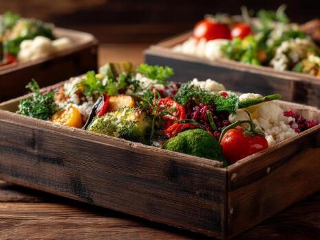 Freshly Prepared Colorful Vegetable Dish in Rustic Wooden Baskets Set on a Rustic Wooden Table photo