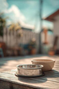 Silver and Wooden Pet Bowls on Rustic Wooden Table in Bright Outdoor Setting with Soft Focus Background photo