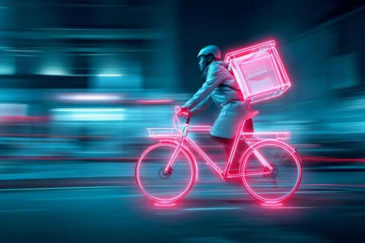 Delivery cyclist in neon light effect rushing through city streets at night with glowing bicycle and fast motion blur photo