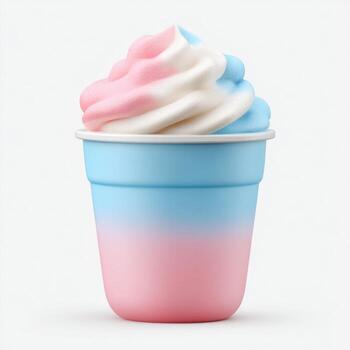 Delicious and Colorful Soft Serve Ice Cream in a Cup with Swirls of Pink, Blue, and White Topping on a Clean Background photo