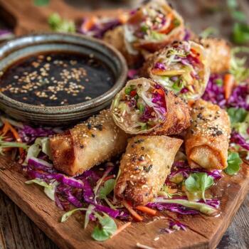 Delicious crispy spring rolls served on a wooden platter with dipping sauce and fresh colorful vegetables garnish photo