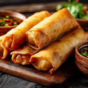 Crispy Fried Spring Rolls on Wooden Board Served with Dipping Sauce in Dark Culinary Environment photo