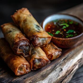 Crispy Spring Rolls Served with Sweet and Tangy Dipping Sauce on a Rustic Wooden Surface photo