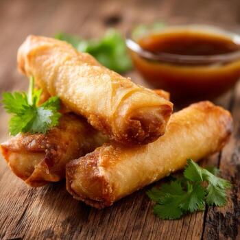 Crispy Golden Spring Rolls Served with Delicious Dipping Sauce on Rustic Wooden Table Background photo