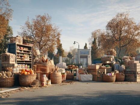 Fresh Produce and Bakery Goods on Display at a Charming Outdoor Market in Autumn Setting with Fallen Leaves photo