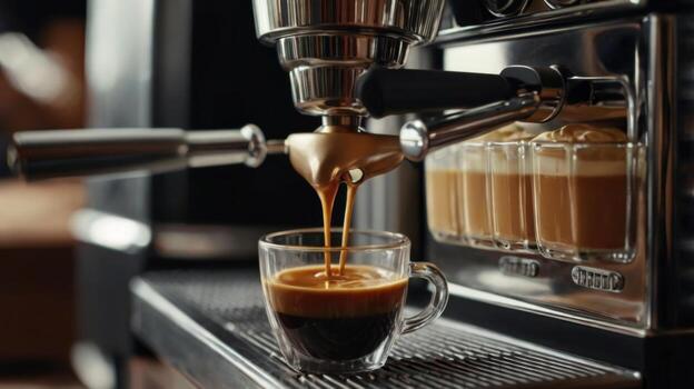 Espresso Extraction Process in a Modern Coffee Machine with Freshly Brewed Coffee in a Glass Cup photo