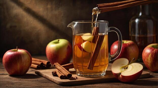 Warm Cinnamon Apple Beverage in Glass Jug with Fresh Apples and Cinnamon Sticks on Wooden Table with Rustic Background photo
