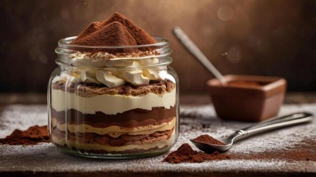 Decadent Layered Dessert in Glass Jar with Chocolate, Cream, and Cocoa Topping for Indulgent Treat Lovers photo