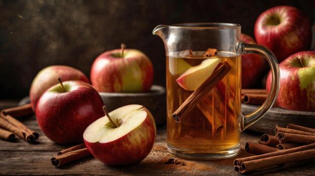 Fresh Apple Juice with Cinnamon Sticks and Juicy Apples on Rustic Wooden Table for Autumn Beverage Inspiration photo