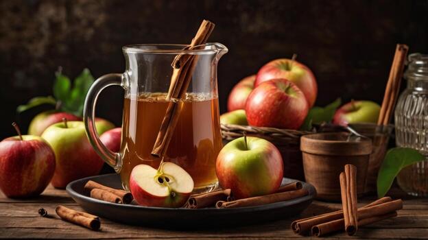 Warm Spiced Apple Drink with Cinnamon Sticks Surrounded by Fresh Apples and Rustic Kitchen Elements photo