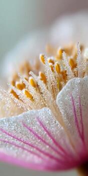Close-Up of Dewy Flower Petals Showcasing Delicate Stamen and Soft Color Gradation with Morning Light Sparkle photo