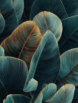 Close-up View of Exotic Leaves with Vibrant Veins and Intricate Textures in Earthy Tones and Deep Greens photo