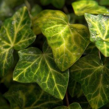 Close-Up of Fresh Green Ivy Leaves with Water Droplets on Surface in Natural Light Setting for Nature Photography photo