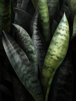 de cerca de vibrante serpiente planta hojas exhibiendo Rico texturas y sorprendentes patrones en un oscuro antecedentes ajuste foto