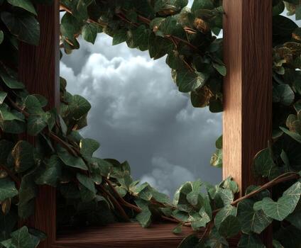 Wooden Frame Surrounded by Green Ivy with Dramatic Clouds in the Background for Nature and Home Decor Concepts photo