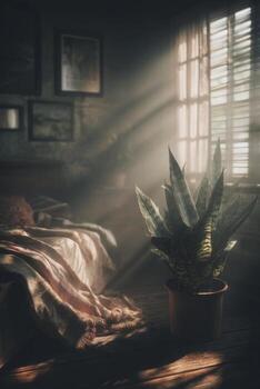 Serene Indoor Scene with Snake Plant Illuminated by Soft Light and Dust Particles in Cozy Room Environment photo